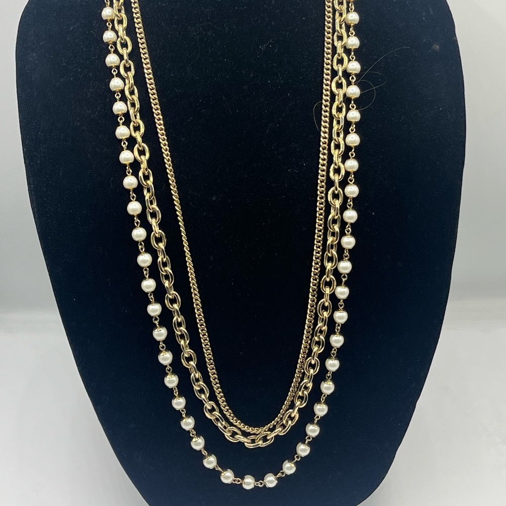 J. Crew White Faux Pearl Triple Strand Aged Gold Necklace